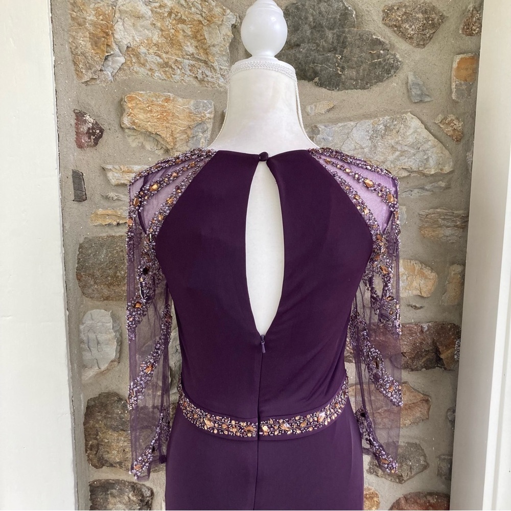 TERANI EVENING M1447 Embellished Beaded Jersey Sheer Sleeve Gown Womens 8 - Picture 11 of 16